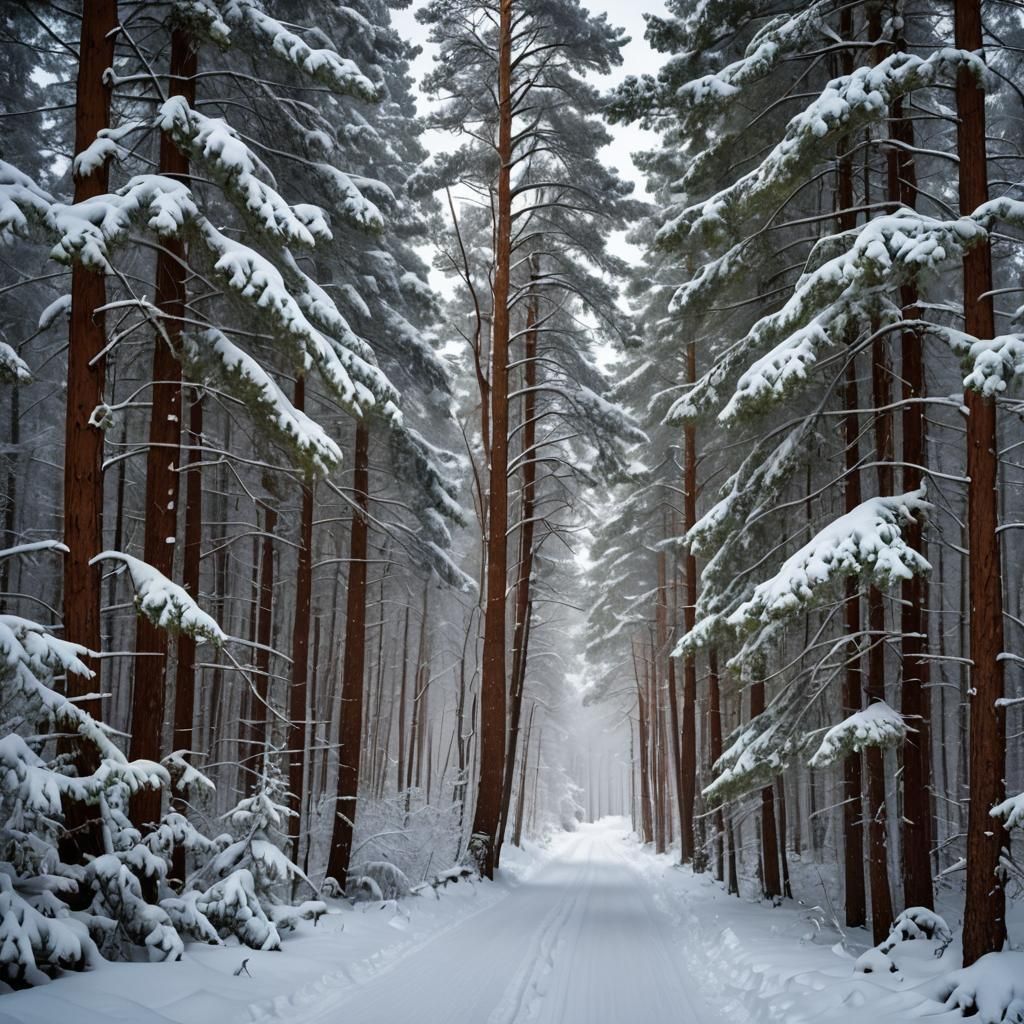 Sparkling Snow in Winter Pine Forest