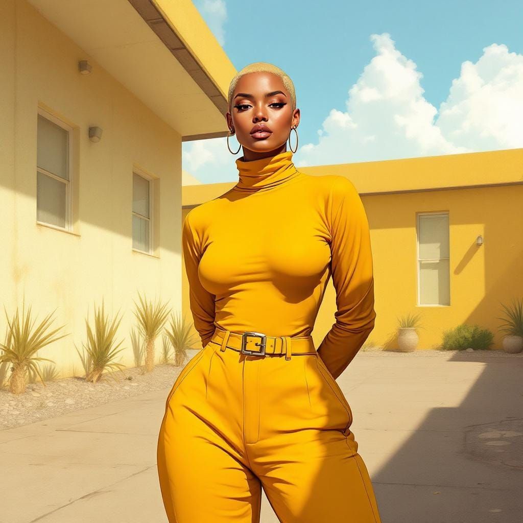 Latina Model in Yellow Jumpsuit, Illustration Style