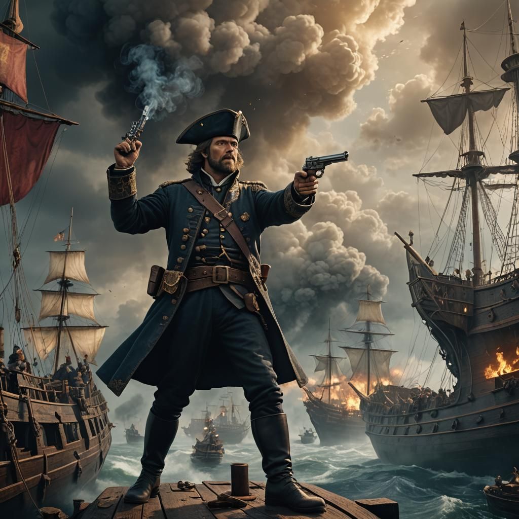 Medieval Ship Captain with Smoking Pistol: Epic Digital Art