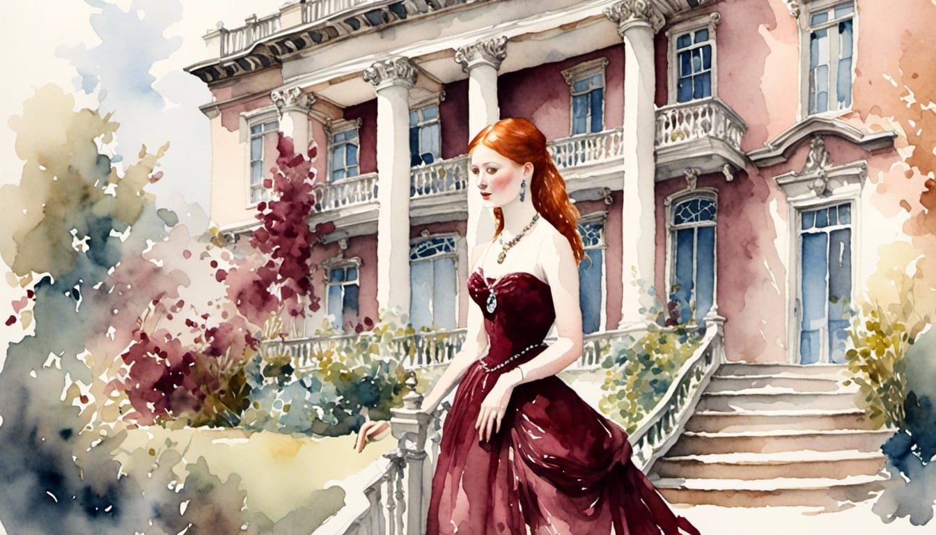 Redhead Woman in Antique Watercolor Style Portrait