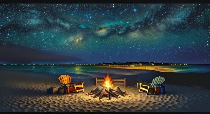 Romantic Beach Campfire in Impressionist Style
