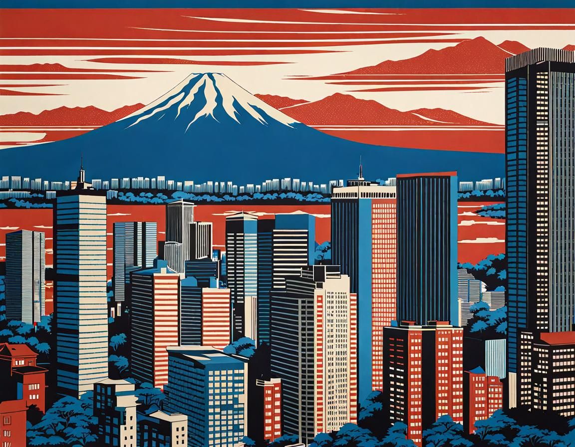 Blue City Skyscrapers in Ukiyo-e Style