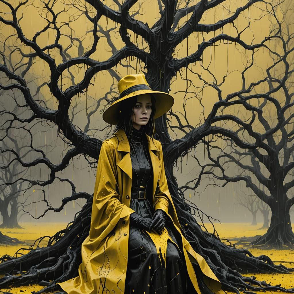 Surreal Woman in Black and Yellow Rain