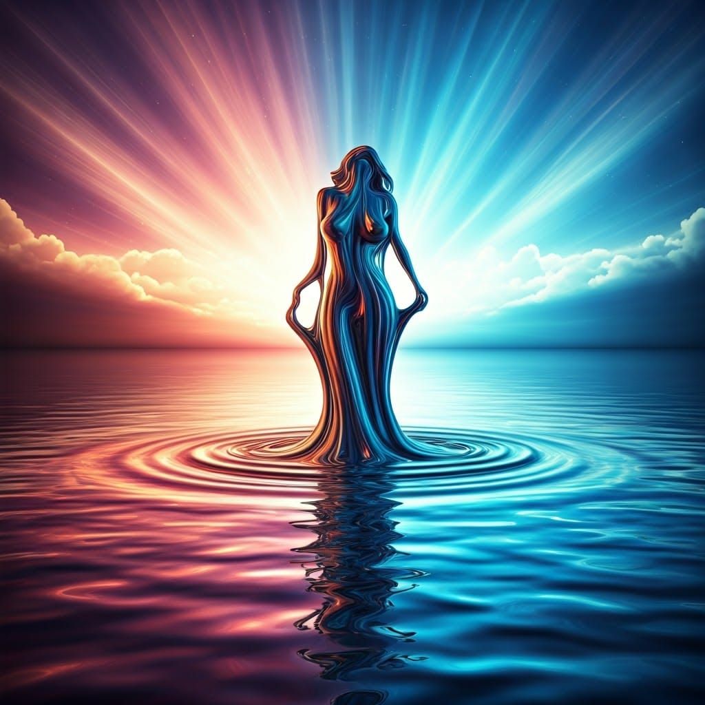 Vibrant Lake of Fluid Lady Under Swirling Clouds