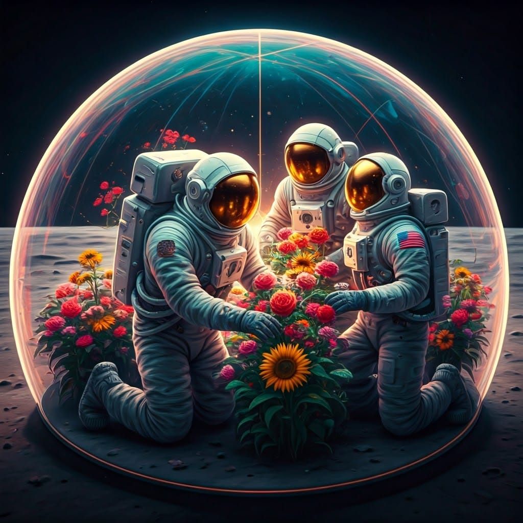 Astronauts Nurture Vibrant Flowers in Lunar Geodesic Dome