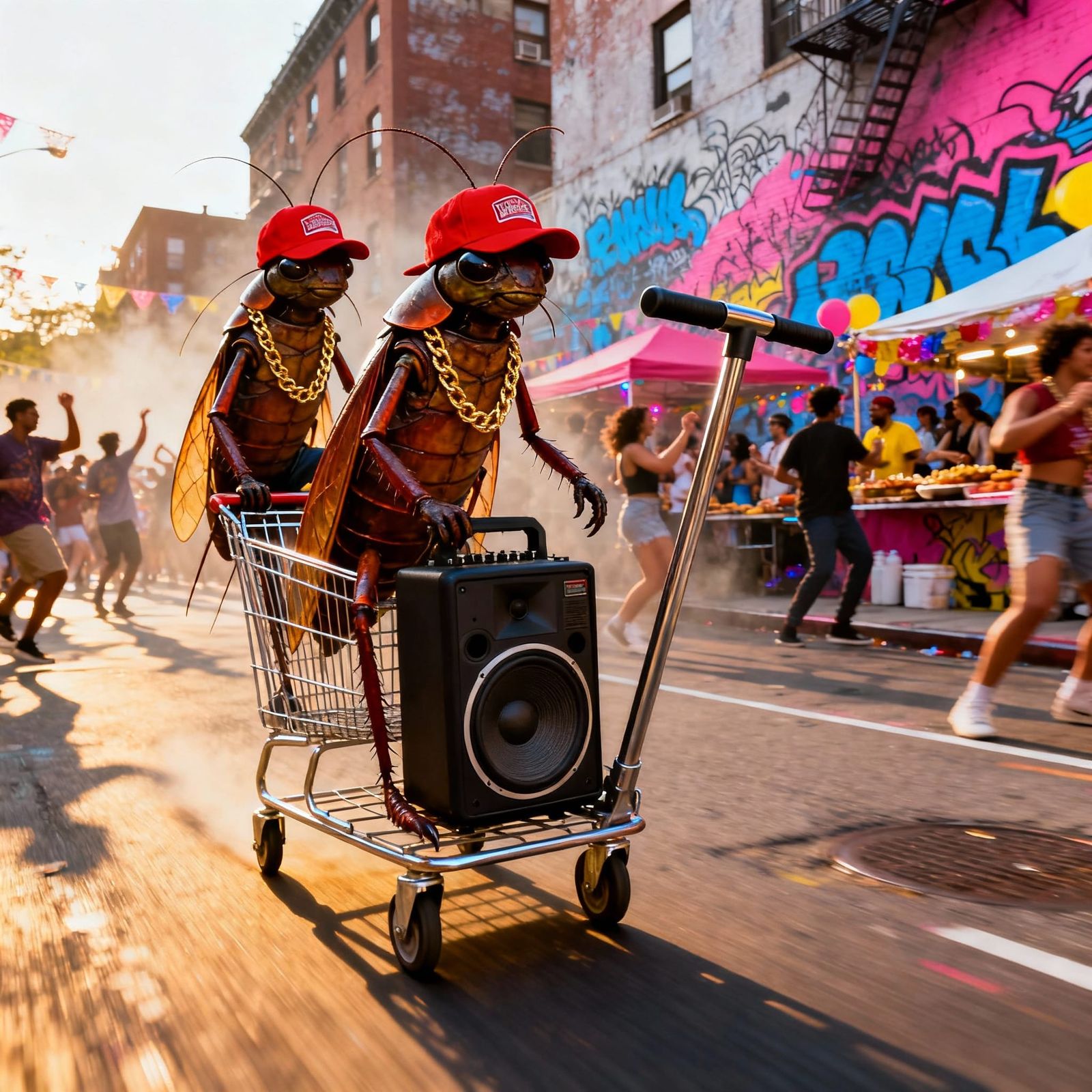 Humanoid Roaches in Trucker Hats on Shopping Cart