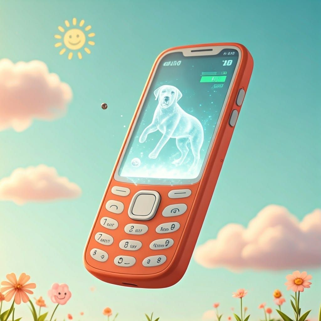 Whimsical Orange Phone with Hologram Puppy Projection