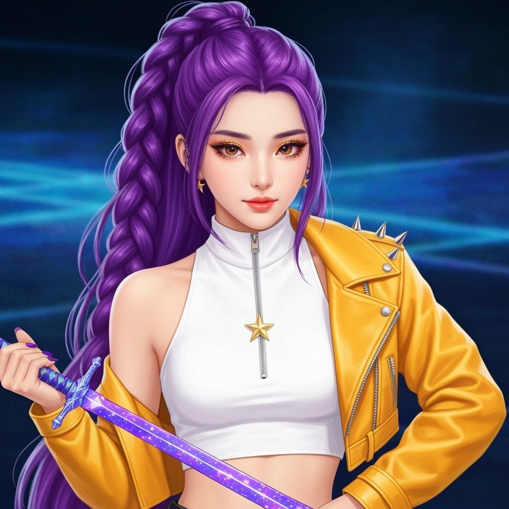 Beautiful Korean Woman with Iridescent Sword in Fantasy Styl...