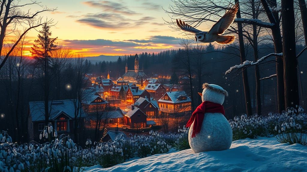 Winter Wonderland Christmas Scene with Glowing Towns and Sno...
