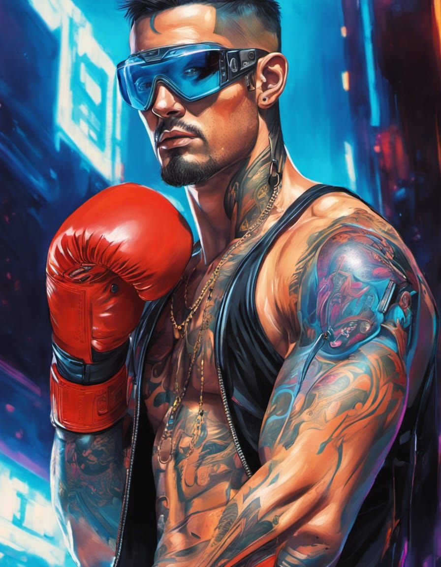 Cyberpunk Boxer in Acrylic Painting Style
