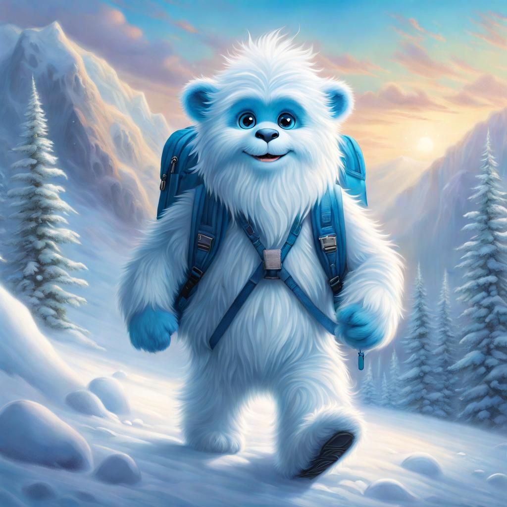 Yeti walking with backpack to first day at school in classroom in snow cave