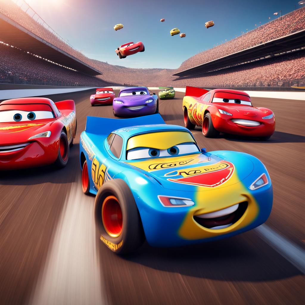 Pixar Cars with Warhead Faces on Racetrack
