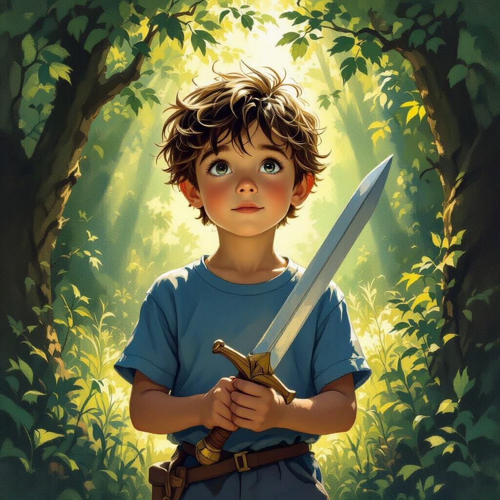 Boy in Sun-Dappled Forest with Toy Sword