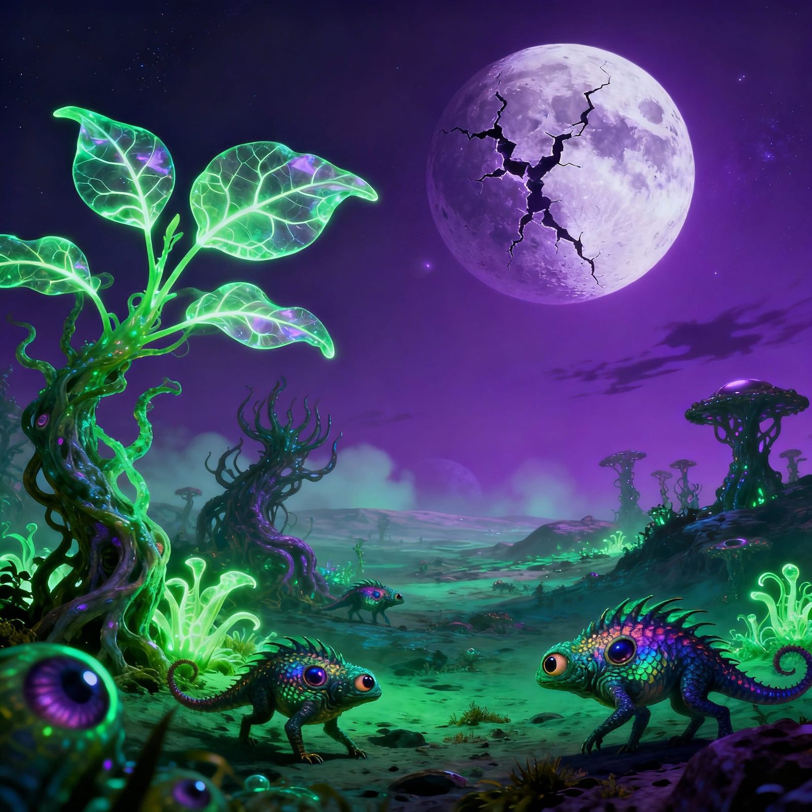 Alien Planet Landscape with Strange Flora, Fauna, and a Moon