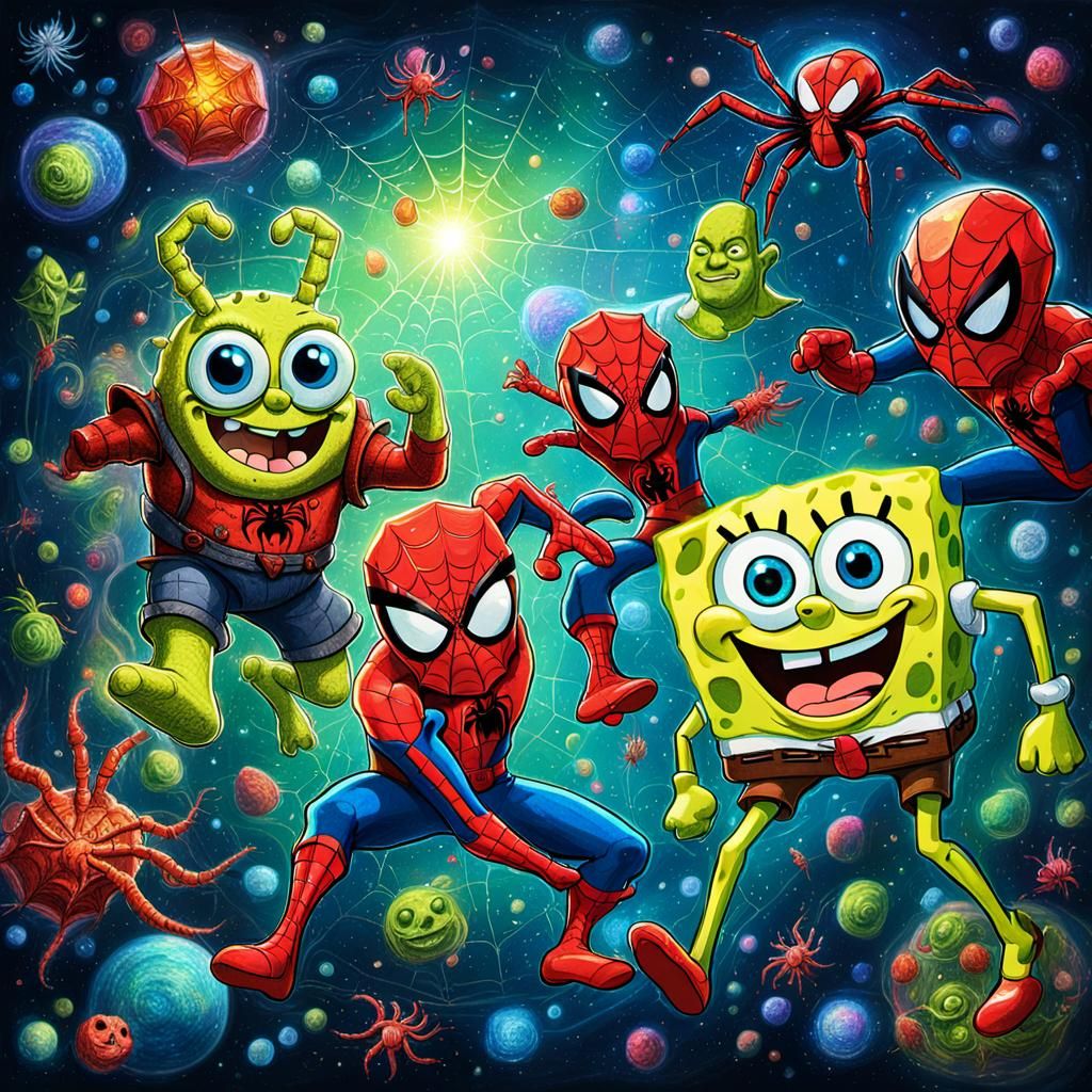 SpongeBob Shrek Spider-Man as Cosmic Illustration