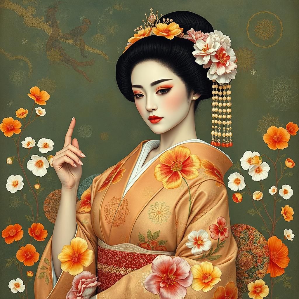 Geisha in Ornate Costume with Golden Accents