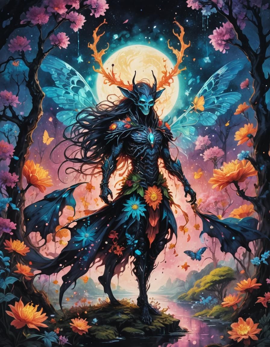 Bony Monster Fairy with Glowing Flowers in Ink Artwork