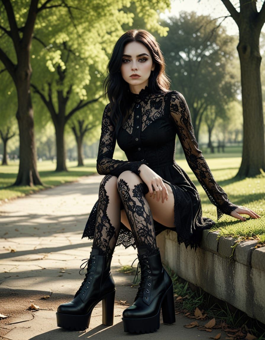 Gothic Woman Posing in Park, Black Lace Outfit