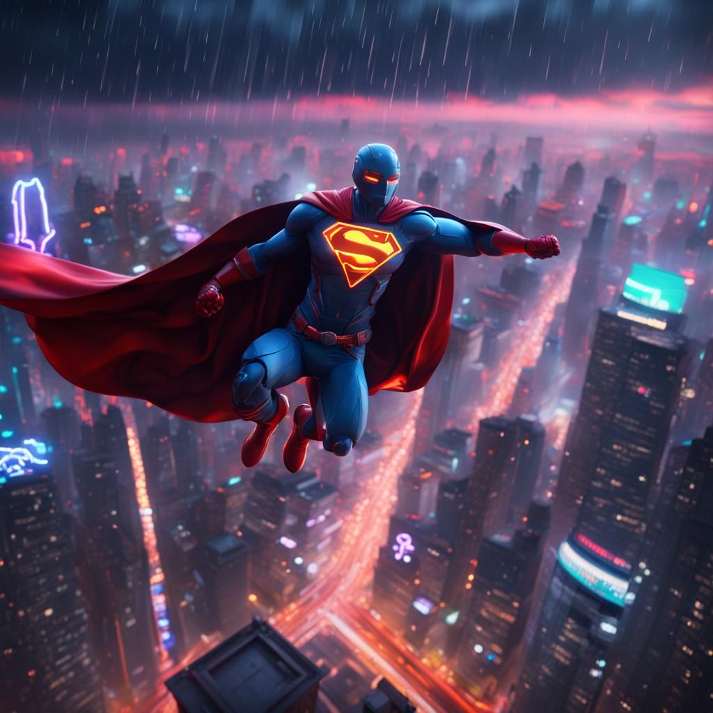 Superhero Over Neon Cityscape in Detailed Matte Painting
