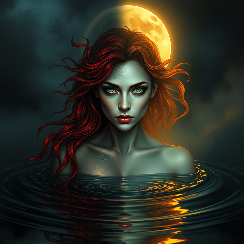 Mystical Woman Emerges from Pond in Dreamlike Scene