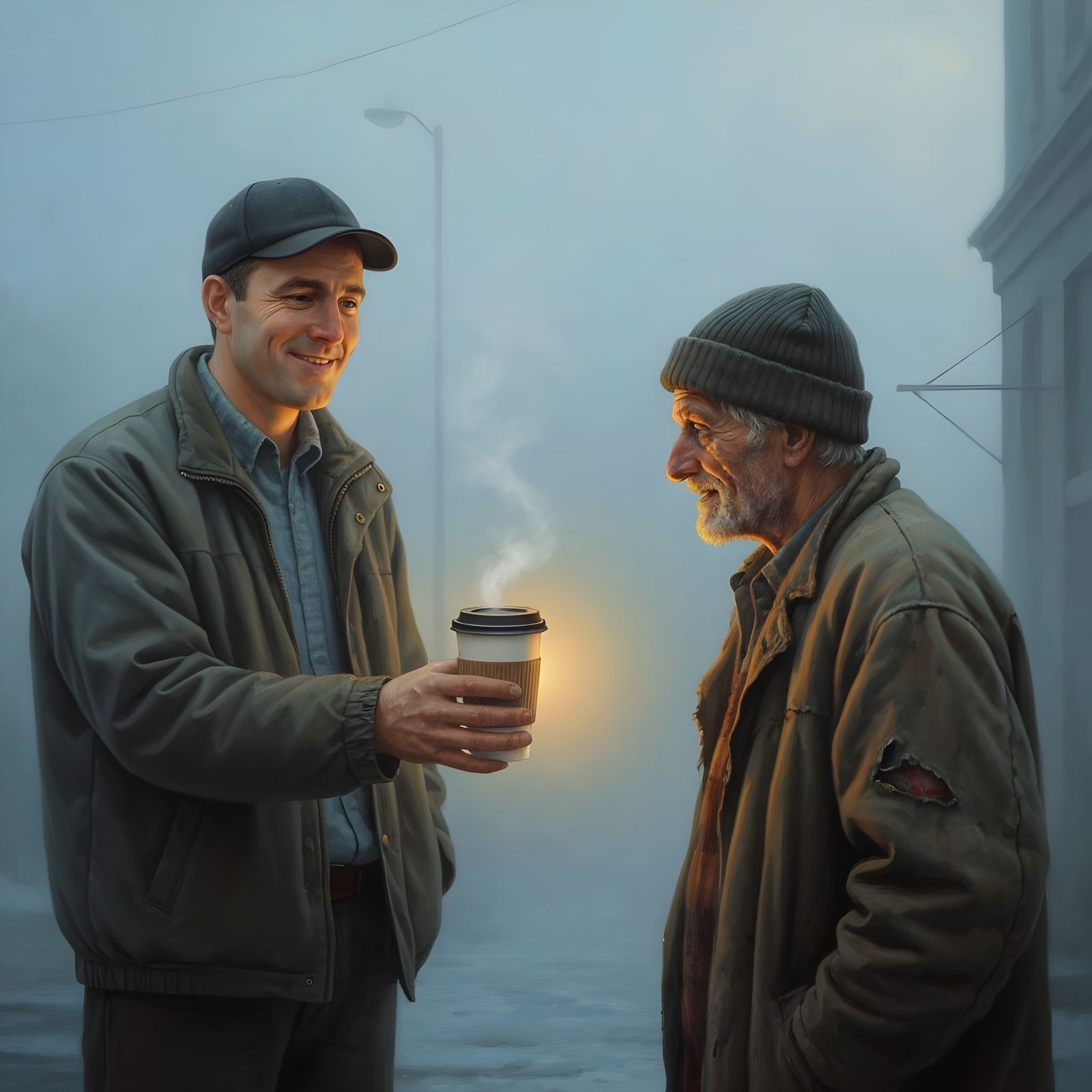 Kind Man Offers Coffee to Homeless Man