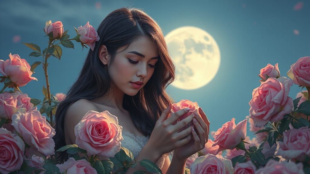 Moonlit Rose Scene in Digital Painting Style
