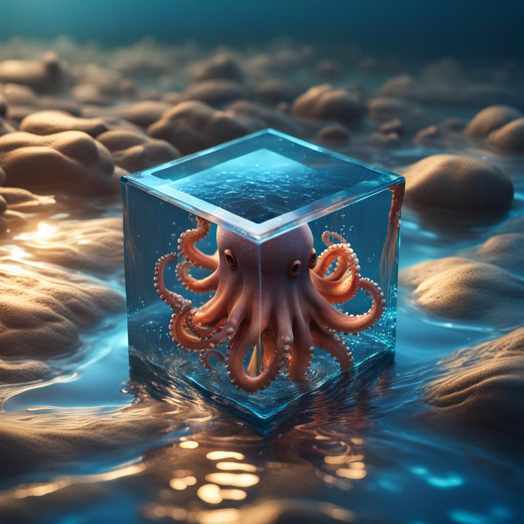 Octopus in a Floating Ocean Cube: Fantasy Art