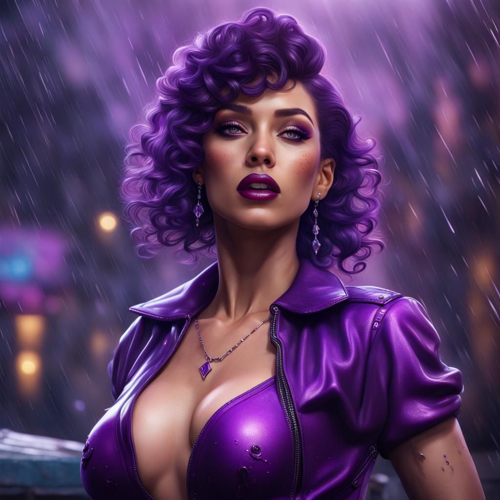 Hyperrealistic Purple Rain Pinup in Detailed Matte Painting