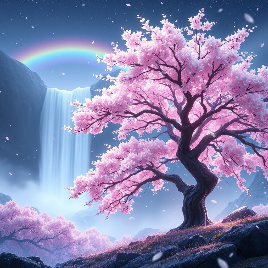 Bioluminescent Cherry Blossom in Mountain Sanctuary