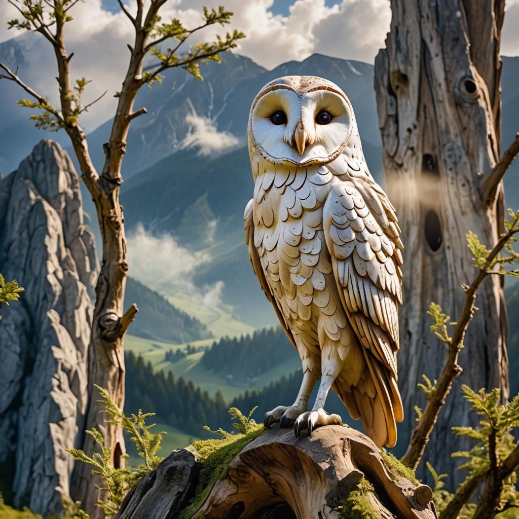 Whimsical Barn Owl Sculpture with Mountain View