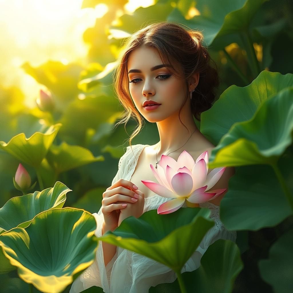 Woman with Lotus in Impressionist Style