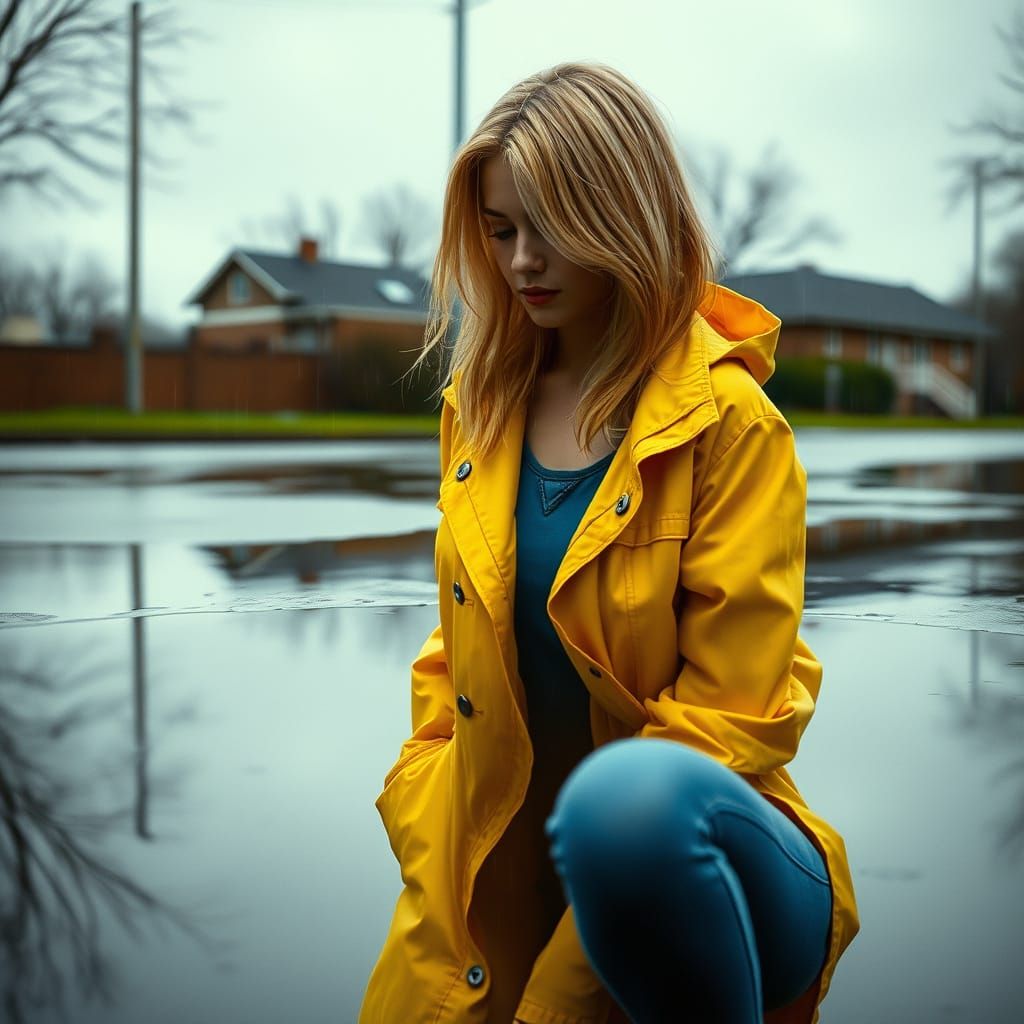 Gwen Stacy Reflects in Puddle on Rainy Day, Yellow Raincoat