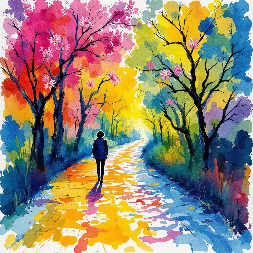 Woman Walking on Sunlit Street in Vibrant Watercolor Style