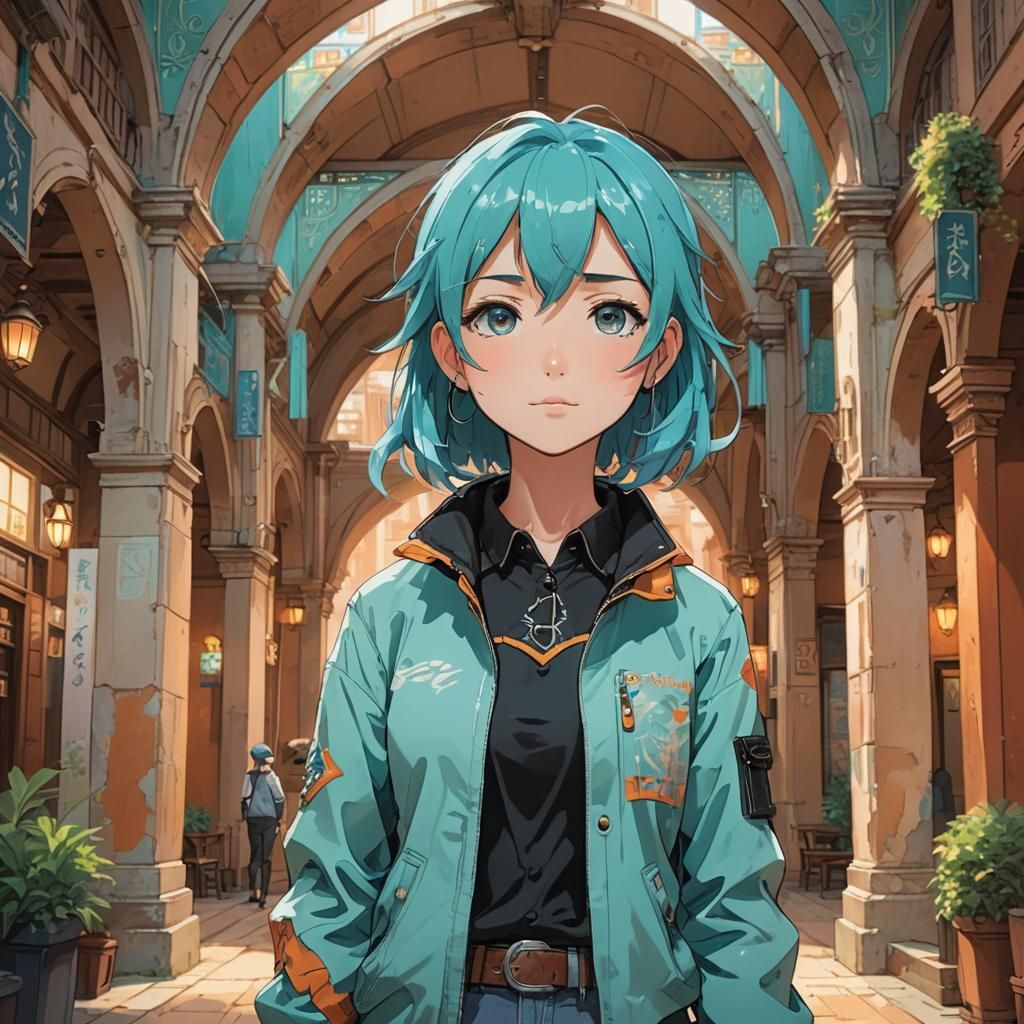 Aqua-Haired Girl in Ghibli Anime Art Style