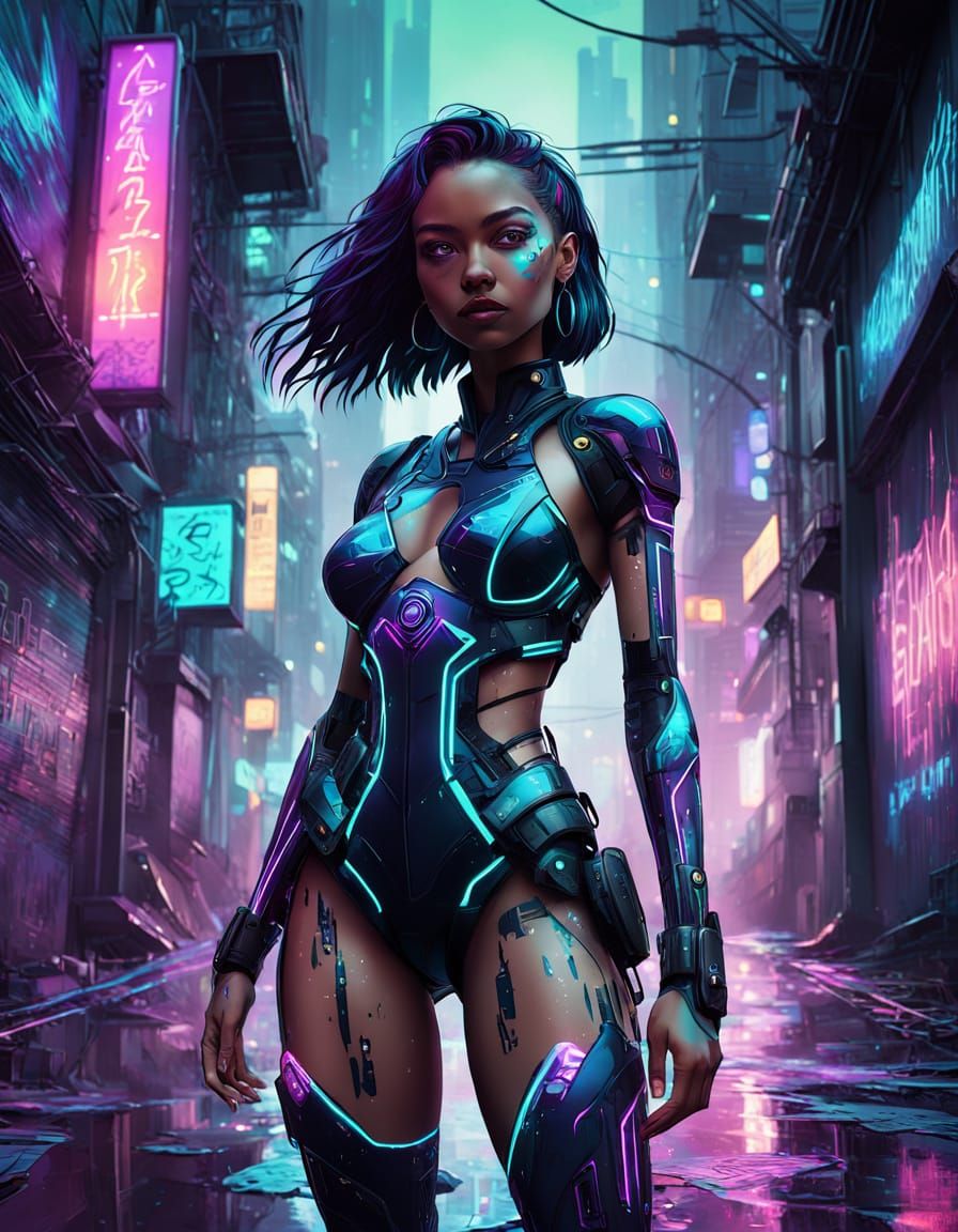 Cyberpunk Goddess in Neon Dusk