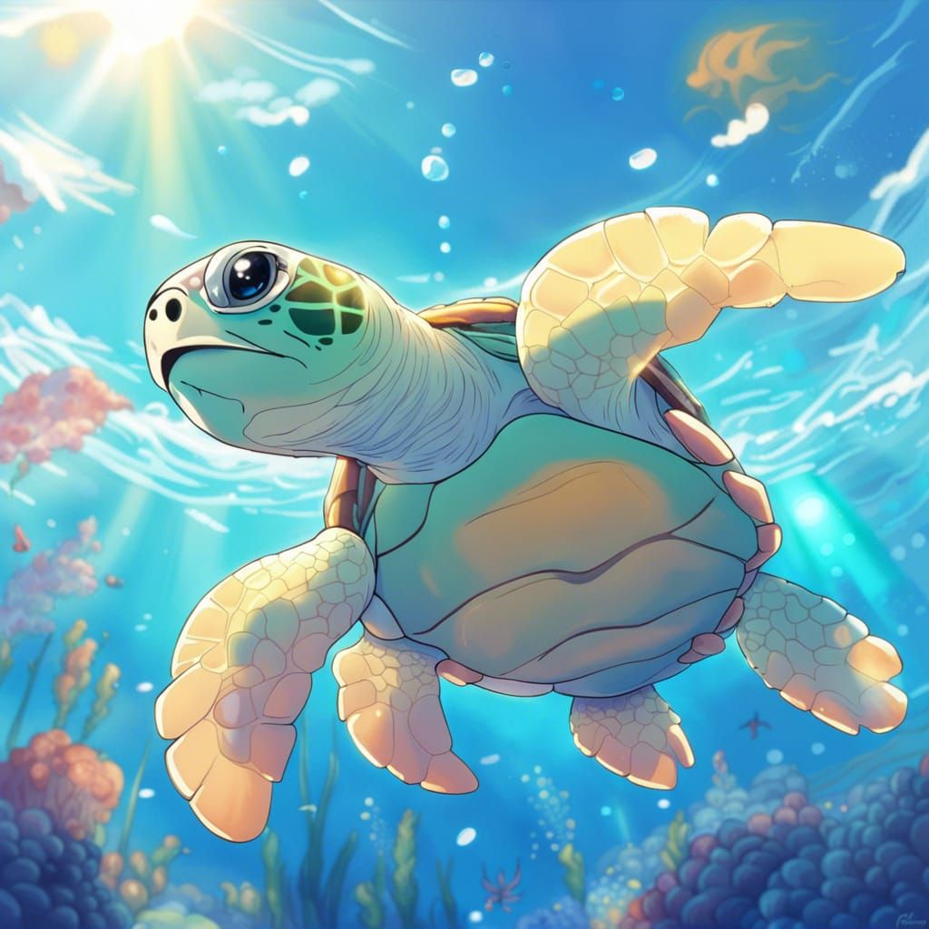 Cute Baby Sea Turtle in Anime Style