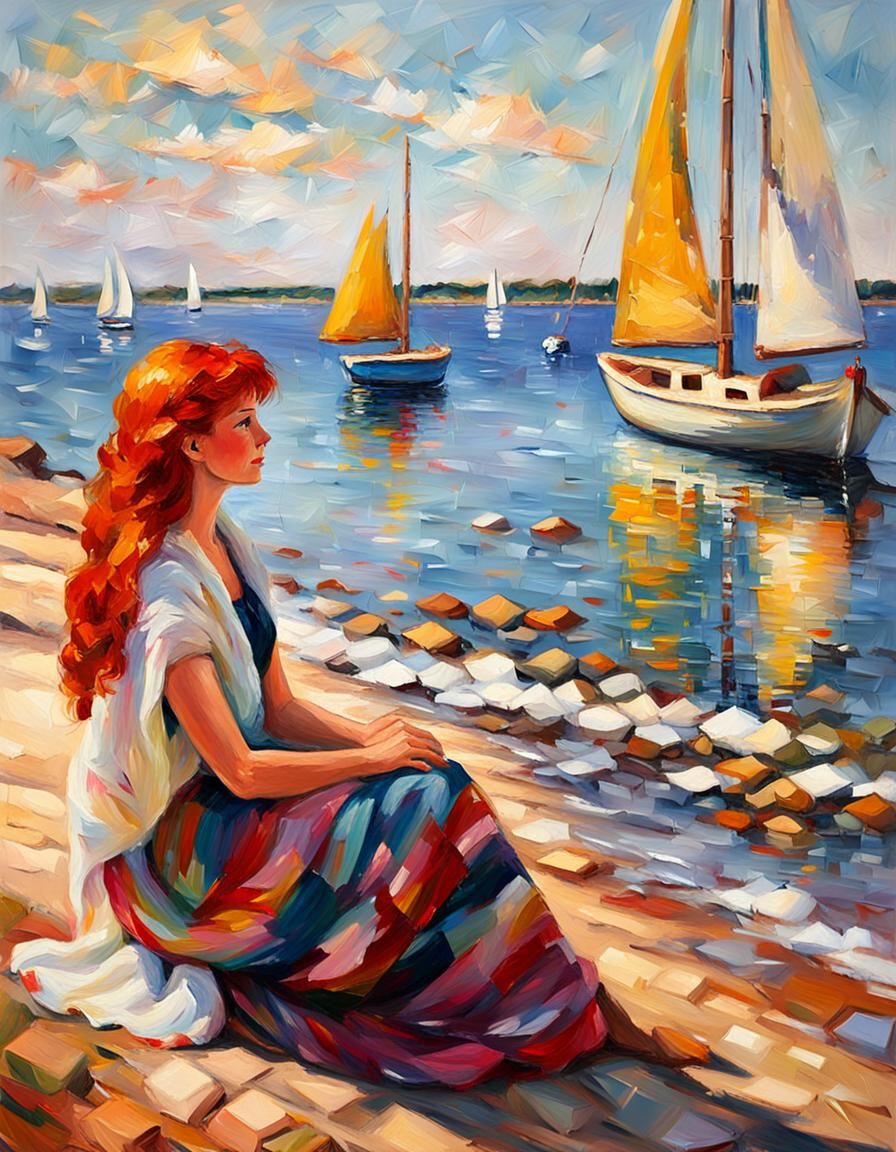 Impressionistic Painting of Woman on Beach with Sailboat