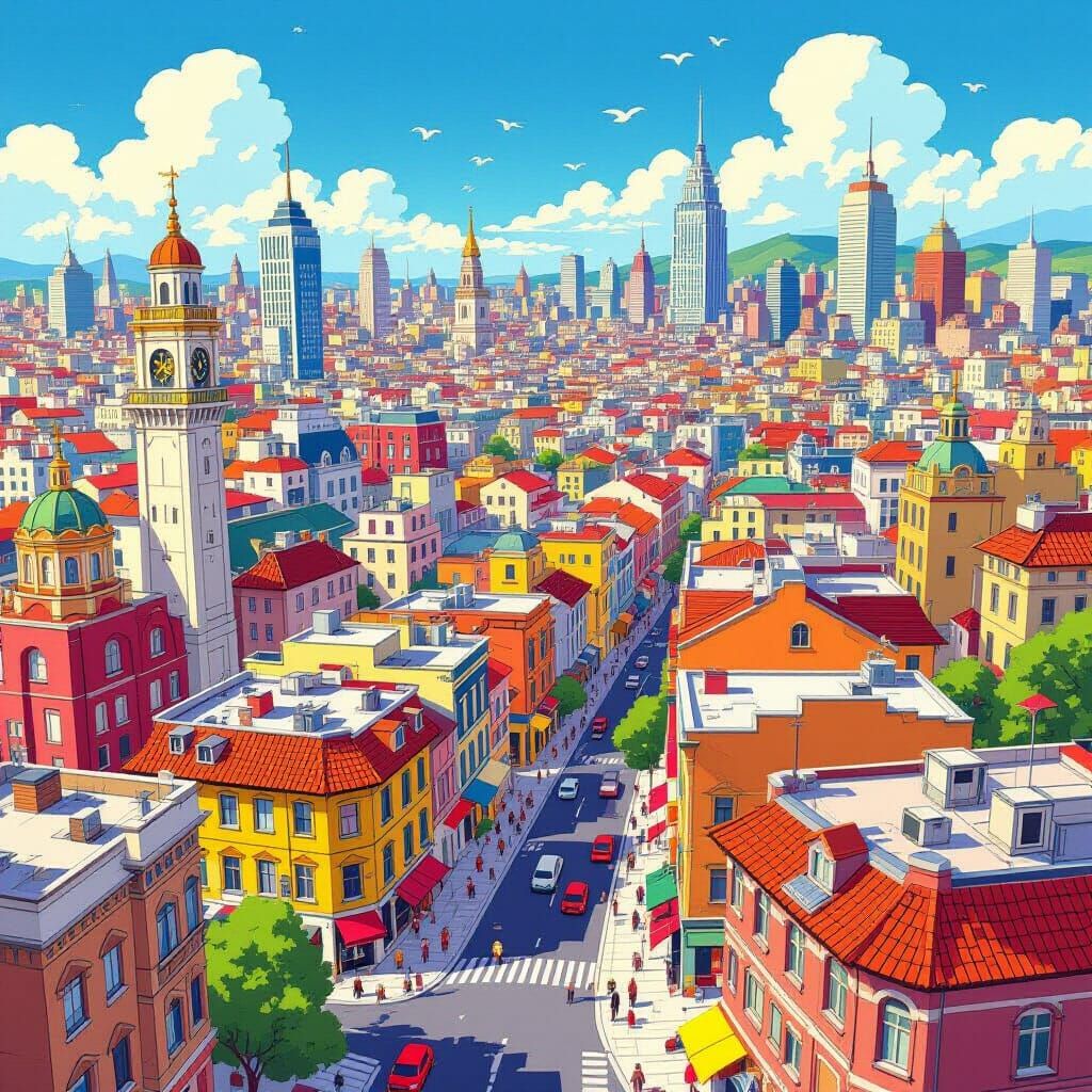 Cartoon Cityscape Bird's Eye View