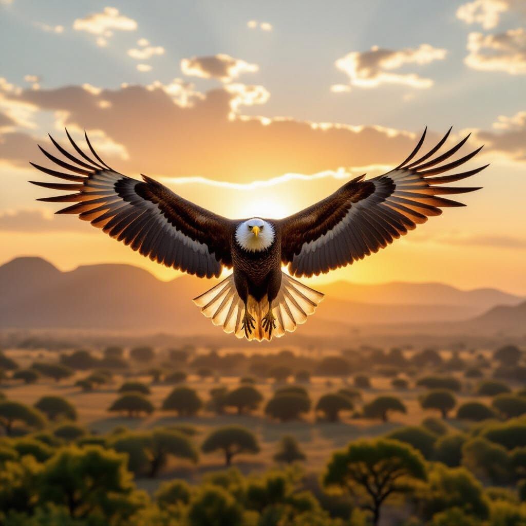 Majestic African Fish Eagle Soars Over South African Bushvel...