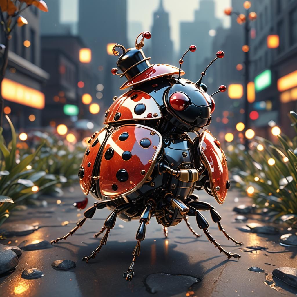 "3D Digital Render; Supercute Anthropomorphic Cybernetic transparent ladybug with a top Hat; Mech Empowered, ghostly pow...