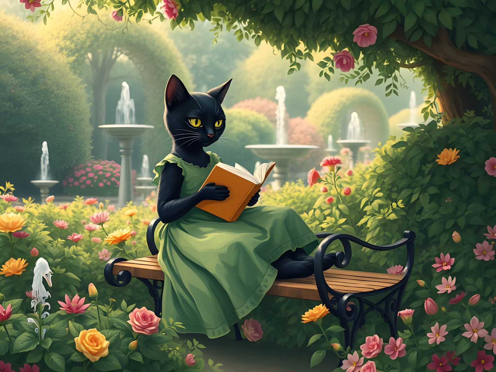 Anthropomorphic Cat Reading in English Garden