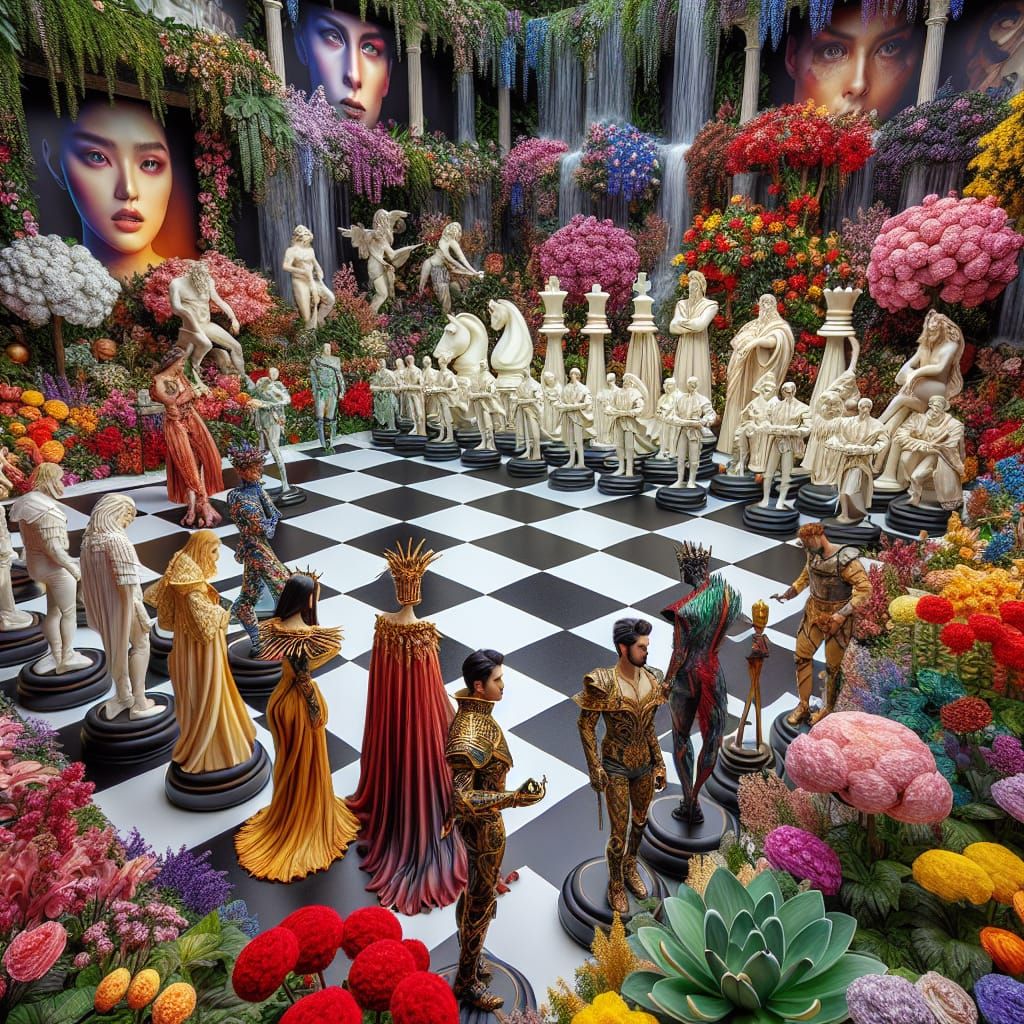 Life-Size Chess Game in a Vibrant Garden