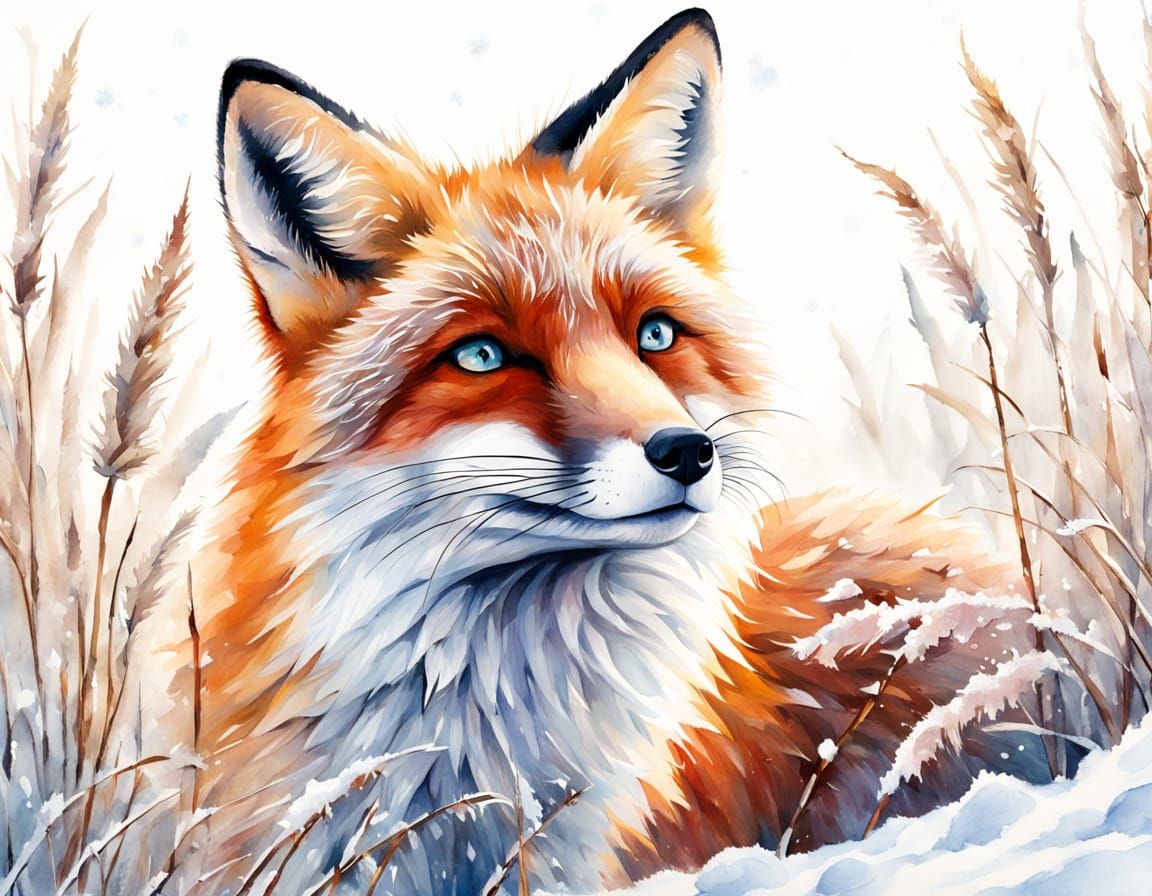 Vibrant Watercolor Fox in Snowy Landscape