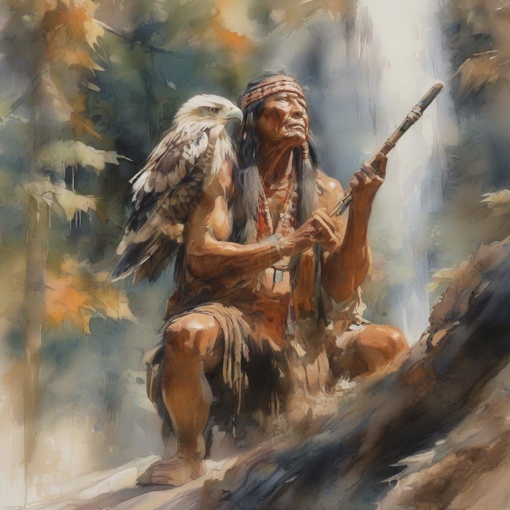 Native American Warrior in Watercolor Wash Painting
