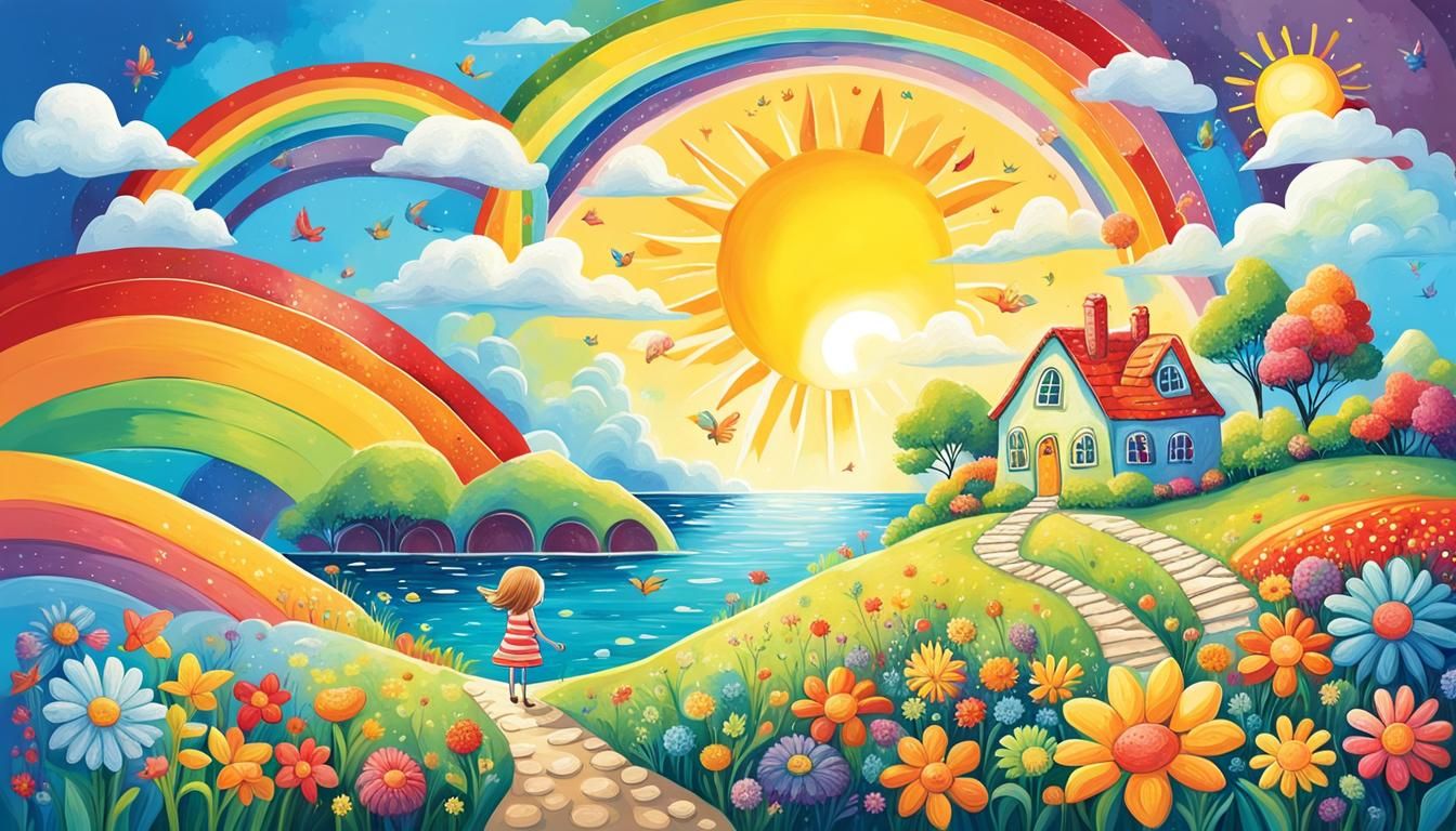 Whimsical Rainbow Dreamland with Child and Flowers