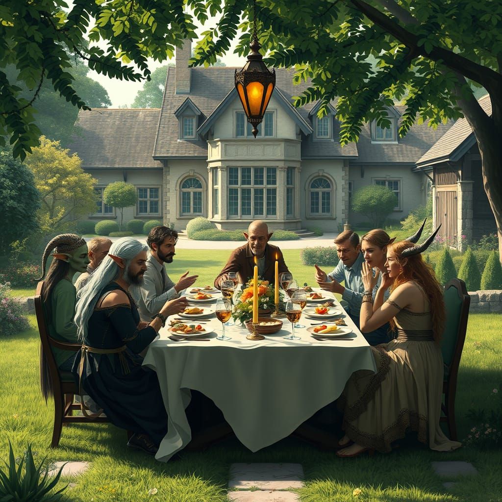Friends Enjoying a Meal in a Fantasy Garden