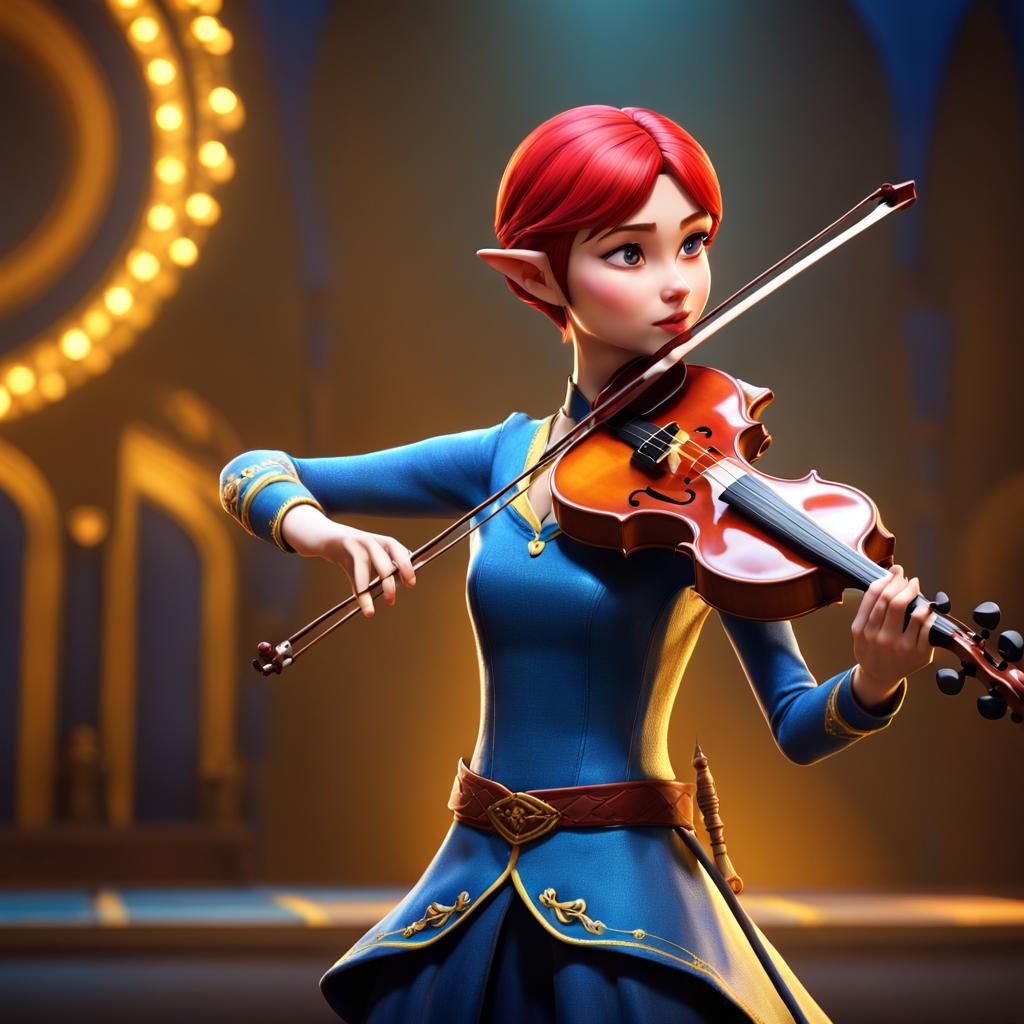 Elf Bard Playing Violin in Pixar Style