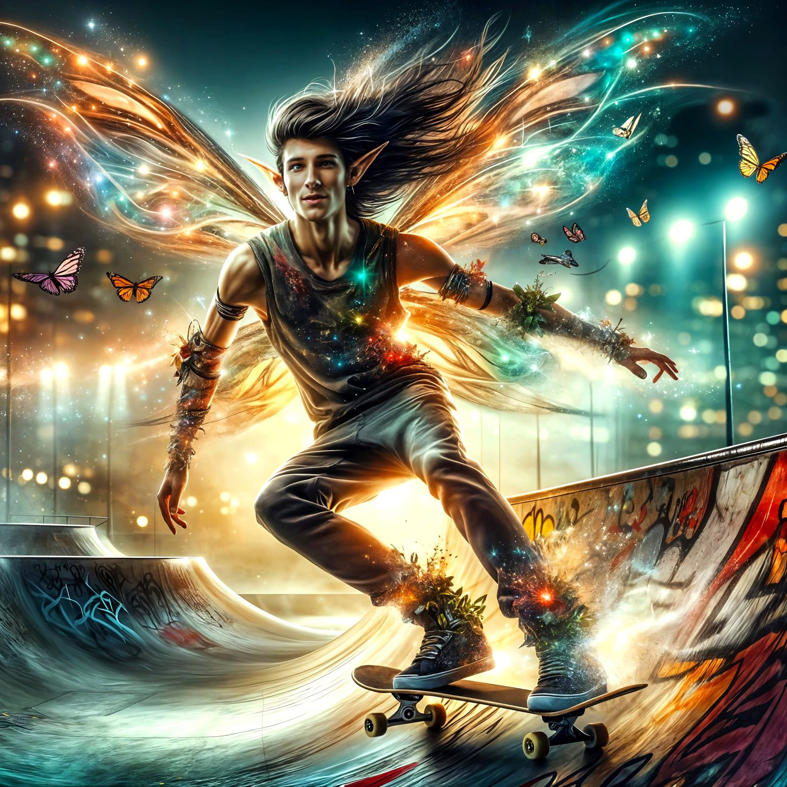Fairy Skateboarder Rides Sparkling Waves in City Skatepark