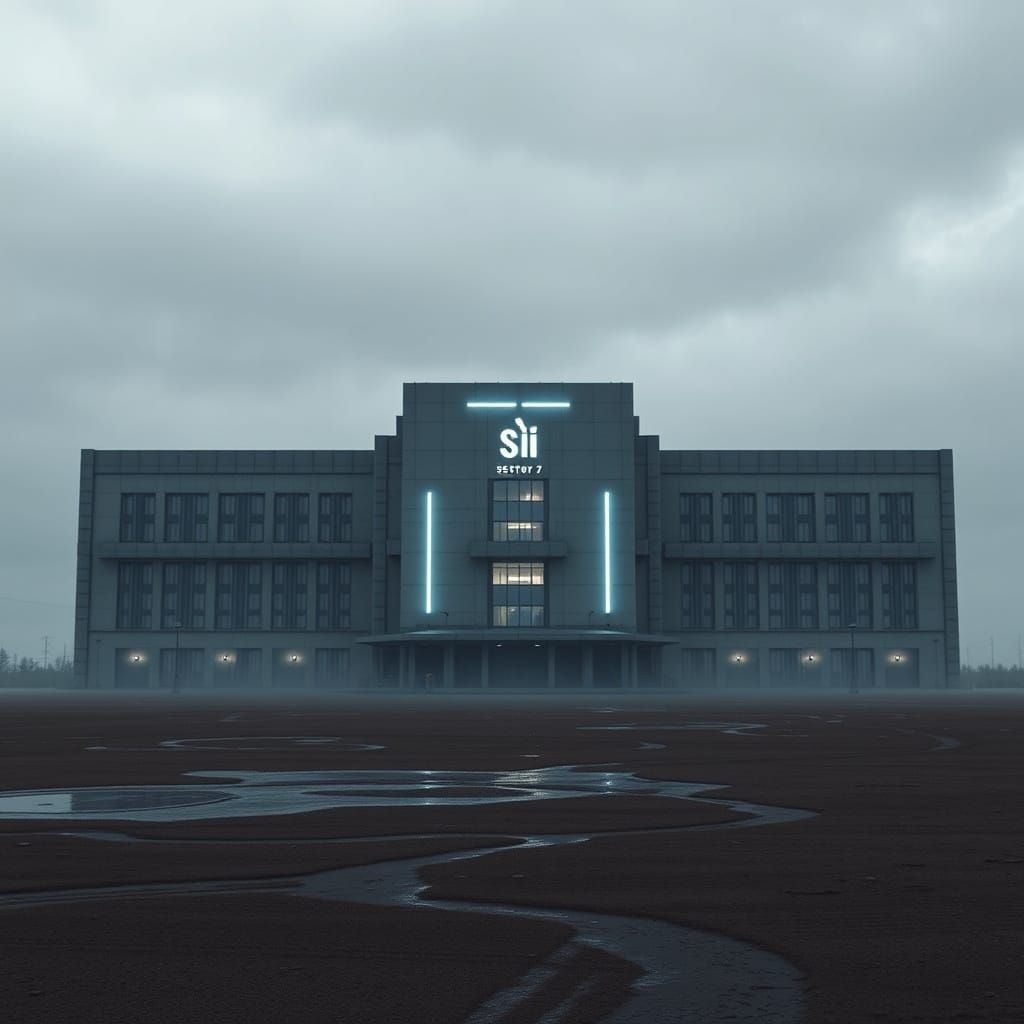 Brutalist Academy in Overcast Landscape, Cinematic Rendering