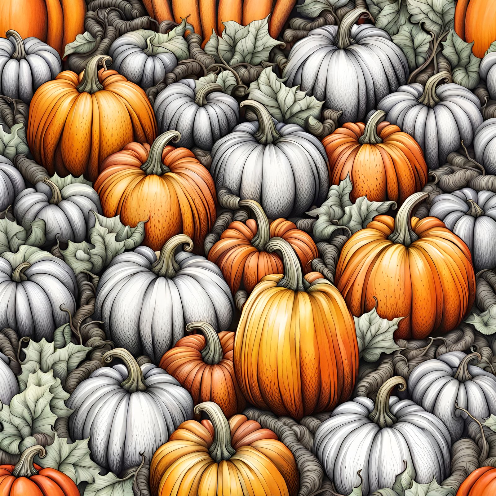 Colorful Detailed Pumpkin Patch Ink Drawing